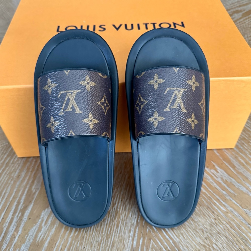Louis Vuitton Black and Brown Monogram Slides